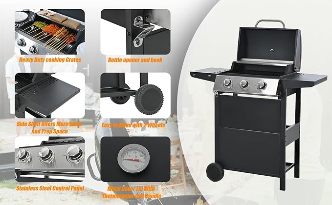 Propane Gas Grill 3 Burner Barbecue Grill, Stainless Steel 26,000 BTU Patio Garden Barbecue Grill with Two Foldable Shelves