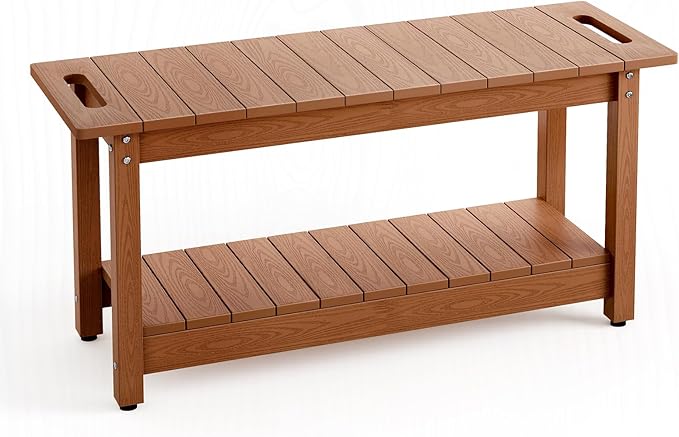 Stoog 35.5" Large Shower Bench, Waterproof Shower Stool with Storage Shelf and Handles, Adjustable and Non-Slip Feet, Shower Chair for Inside Shower, Brown