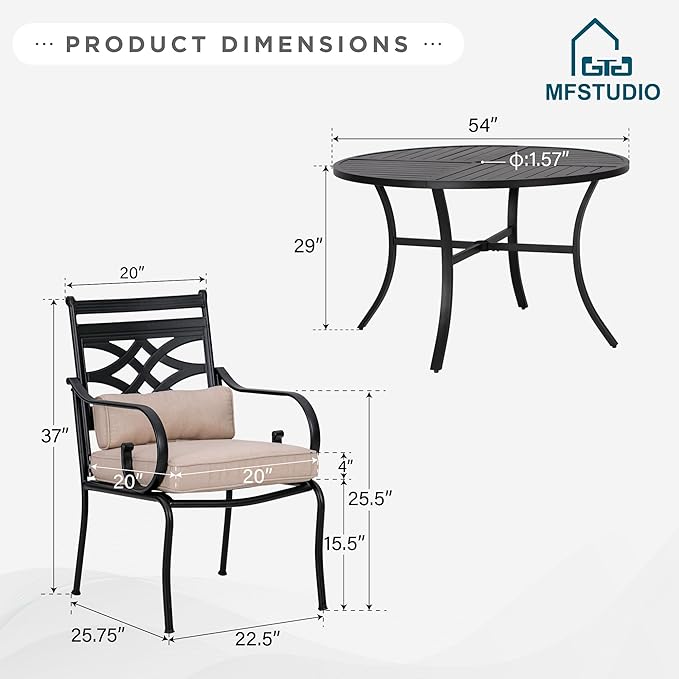 MFSTUDIO Patio Dining Sets for 6, Round Patio Table and Chairs Set, 7 Piece Outdoor Dining Set with Umbrella Hole, Outdoor Patio Furniture Set for Deck Backyard Garden