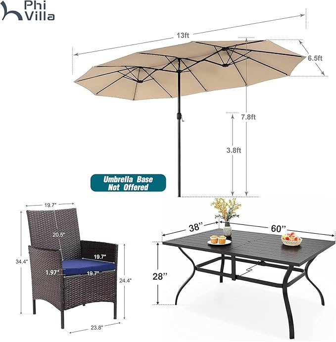 PHI VILLA 7 Piece Outdoor Dining Set with Umbrella, 60” Rectangular Metal Dining Table & 6 Cushioned Rattan Wicker Chairs & 13ft Large Beige Umbrella for Patio, Deck, Yard, Porch