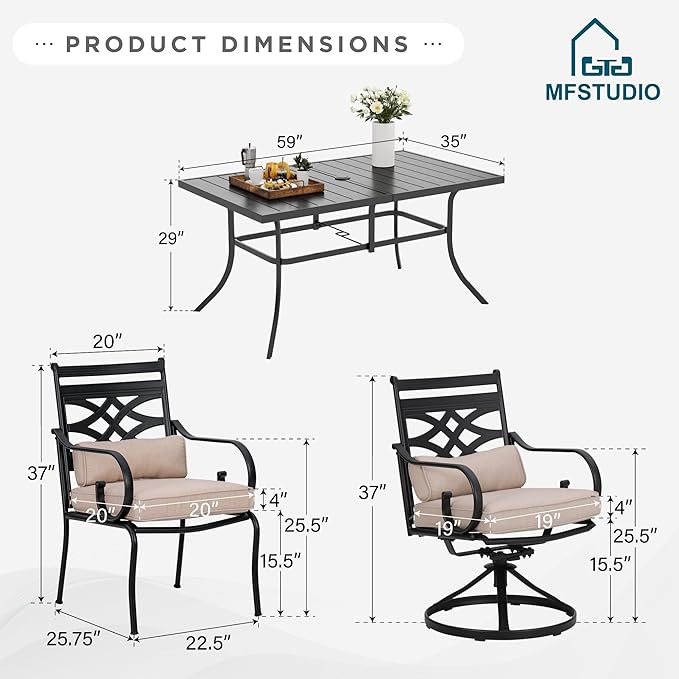 MFSTUDIO Outdoor Dining Set for 6, Patio Table and Chairs Set with Umbrella Hole, Patio Dining Set with 4 Leg Chairs & 2 Swivel Chairs, 7 Piece Patio Furniture Set for Deck Backyard Garden