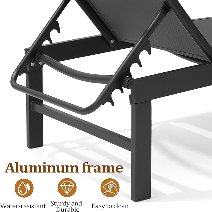 Chaise Lounge Chair, Set of 4 Outdoor Recliner Lounge Chair Sun Loungers, All Weather Chaise with 5 Adjustable Backrest and Lay Flat Positions for Garden, Balcony, Pool, Black