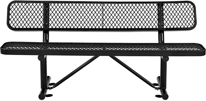Global Industrial 6'L Heavy Duty Expanded Metal Mesh Bench with Backrest with Steel Frame, Portable Outdoor Bench, 1000 lbs Capacity, Black, 72" L x 24" W x 33" H