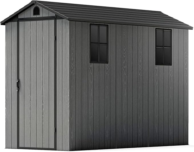 Patiowell 4 x 8 FT Plastic Outdoor Storage Shed with Floor, Garden Tool Shed with Two Windows and Single Lockable Door for Garden, Backyard, Lawn, Easy to Install (Dark Grey) (Fit-it Shed)