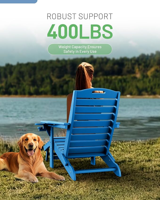 Folding Adirondack Chair with Retractable Ottoman Weather Resistant Fire Pit Chair Patio Chair with 2 Cup Holder Lawn Outdoor Lounge Chair (Royal Blue)