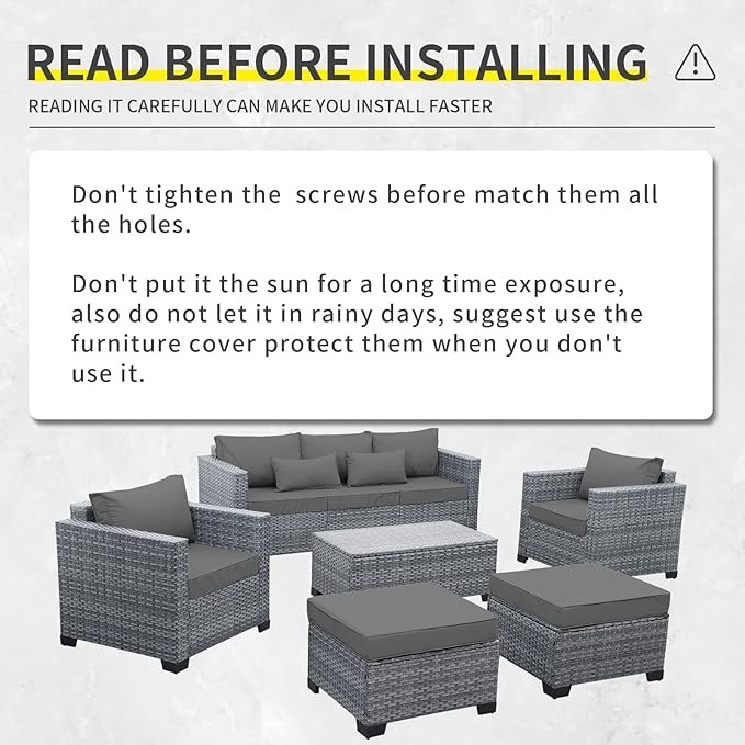 6 Pieces Wicker Patio Furniture Sets Outdoor Conversation Set PE Rattan Sectional Sofa Couch with Storage Table and Grey Cushions