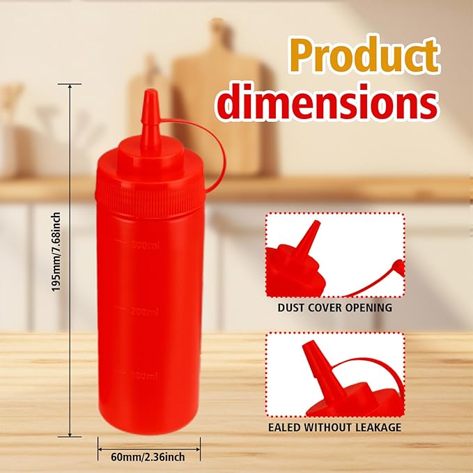 Squeeze Bottles for Sauces,Leak-Proof Condiment Dispenser, BPA-Free Kitchen Restaurant Squeeze Bottle Set with Wide Mouth for Ketchup, Mustard,Syrup,Dressings (Red, 6Pack-12oz(300ml))