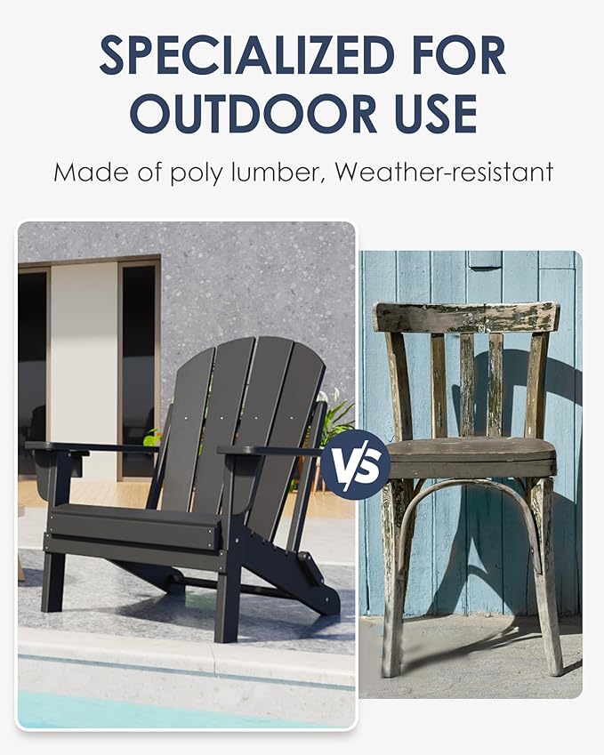 Folding Adirondack Chairs, All-Weather Resistant HDPE Patio Firepit Chairs, Sturdy Outside Chairs with Cup Holder, Lawn Chairs, 80% Pre-Installed Load Capacity 385lb, Black
