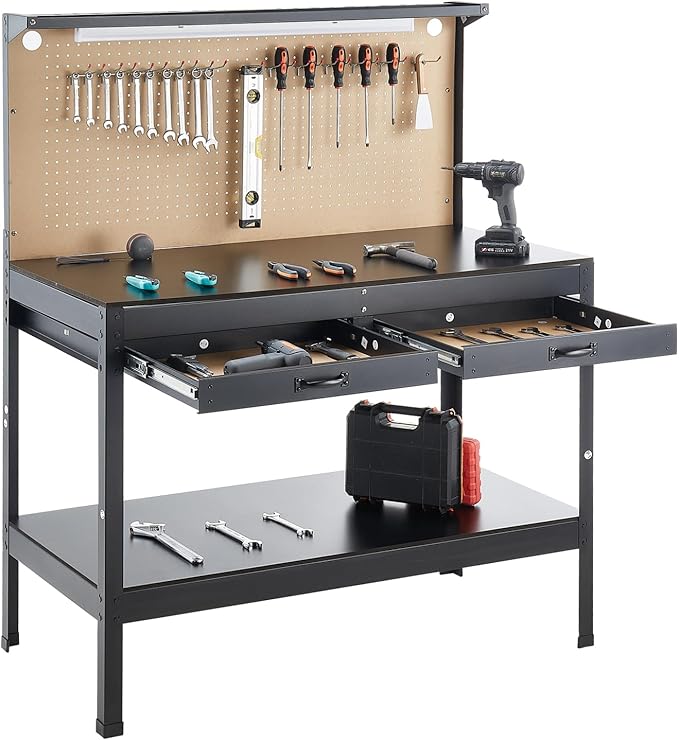 VEVOR Hardwood Workbench, 242.5 lbs Weight Capacity, 47.2-inch Heavy Duty Workbench with Pegboard, 4 AC Outlets & 2 USB Ports, 1.5m Cable & 30 Hooks, Garage Work Bench with Drawer for Workshop