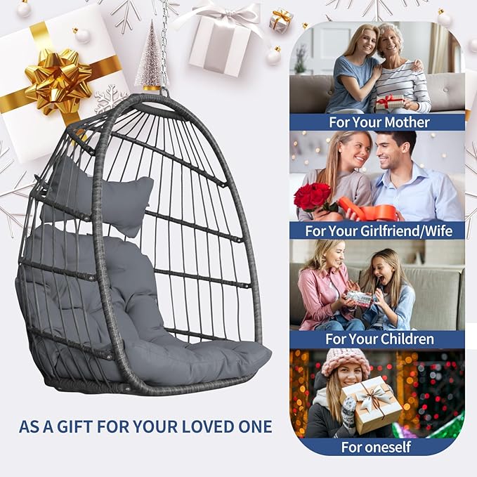 Nicesoul Patio Hanging Egg Chair No Stand, Foldable Ceiling Egg Basket Chairs Without Stand Indoor Outdoor, 350lbs Egg Shell Swing Hammock Chair with Cushion for Backyard, Balcony, Outside, Dark Grey