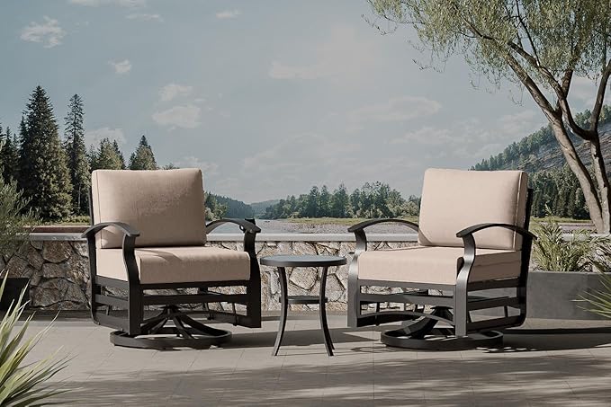 Outdoor Patio Furniture Set, 3 Piece Aluminum Metal Chairs Swivel Rocker, Overstuffed Washable Cushions Bistro Set for Porch, Balcony, Deck, Garden