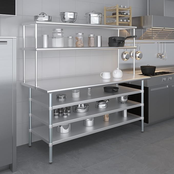 Amgood 30" x 72" Stainless Steel Work Table with 3 Shelves and 18" Wide Double Tier Overshelf | Metal Kitchen Prep Table & Shelving Combo | NSF