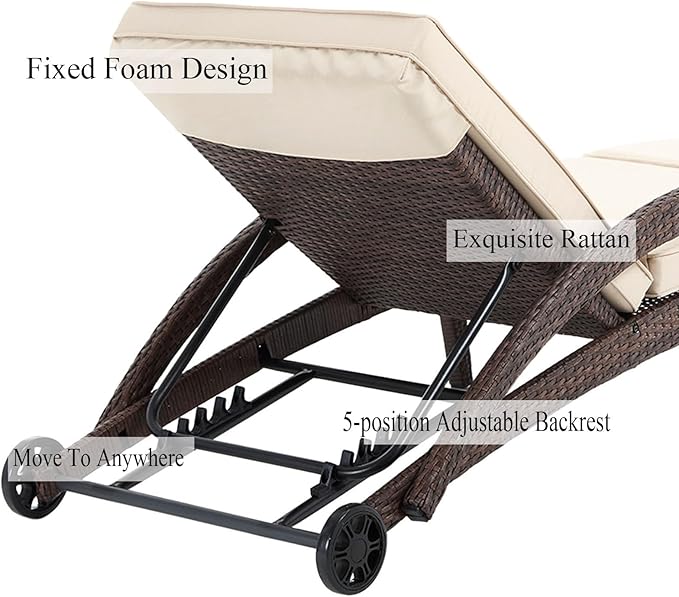 Patio Chaise Lounge Set of 2, Wicker Lounge Chairs Outdoor with Wheels, Heavy Duty Lounger Chair Outdoor, Wicker Chaise Lounges with Armrests All Weather, Khaki