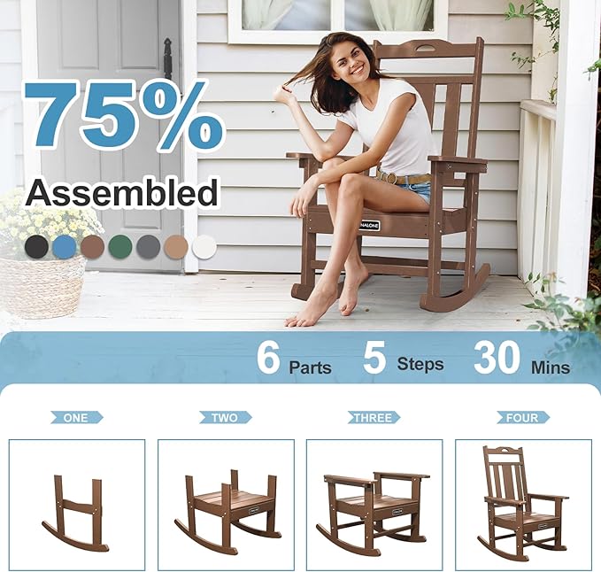 nalone Outdoor Rocking Chairs Set of 2, Oversized Porch Rocker Chair for Adult, All-Weather Resistant Patio Rocking Chair for Garden Lawn (Brown)