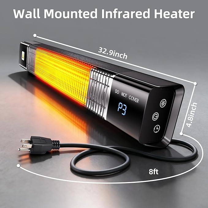 Patio Heater,1500W Outdoor Heaters,Wall Mounted Electric Heater With Remote,24H Timer,Overheat Protection,3 Heat Levels,Waterproof,Infrared Heater For Indoor,Garage,Backyard,Porch,Basement Use,Black