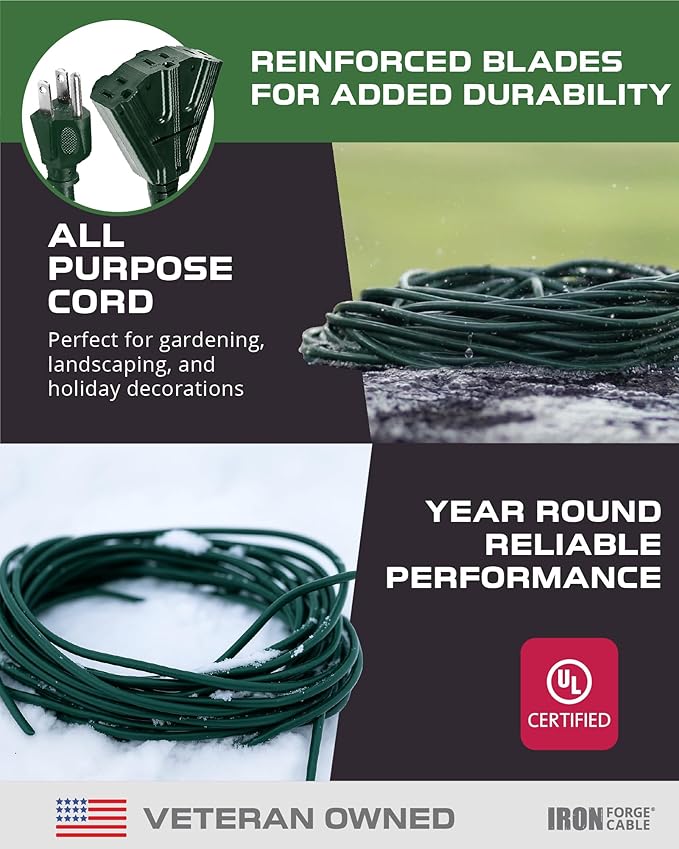 Iron Forge Cable 100ft Green Outdoor Extension Cord with 3 Outlets - 16/3 SJTW 100ft Extension Cord 3 Prong, 10 Amp All-Weather Heavy Duty Power Cable