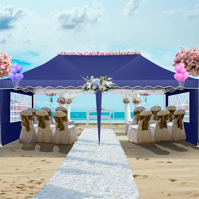 HOTEEL 10x20 Pop Up Canopy Tent, Waterproof Outdoor Shelter with Wheeled Bag & 4 Sandbags, Easy Setup for Backyard Parties, Weddings, Events, and Vendor Use, Navy