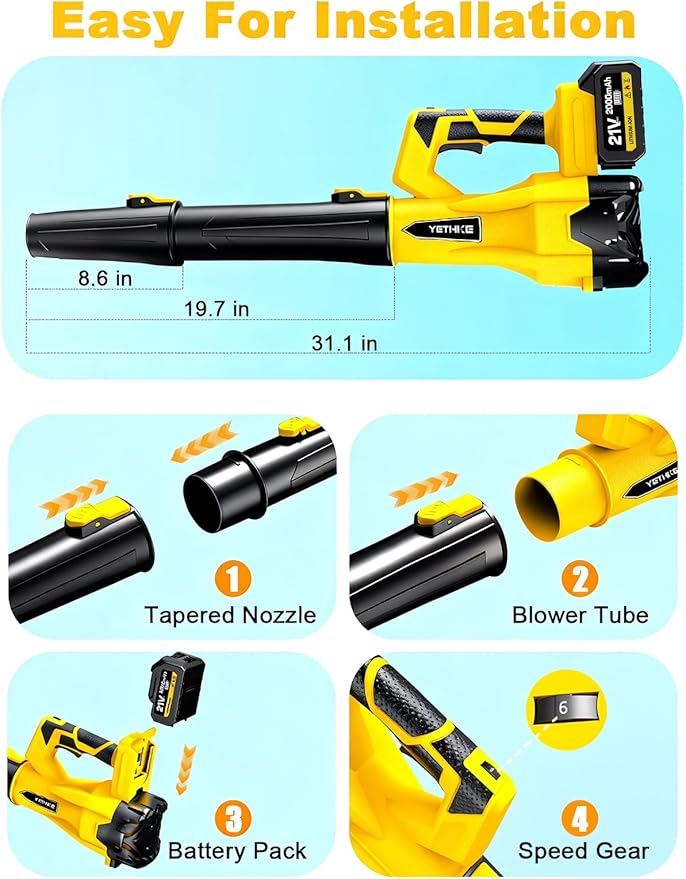 Leaf Blower Cordless, 21V Powerful Electric Blower with 2*4.0Ah Batteries & 1*Fast Charger, 6 Speed Modes, Handheld Lightweight Leaf Blowers for Lawn/Patio/Dust/Leaves, Gift Goggles & Earplugs-Yellow