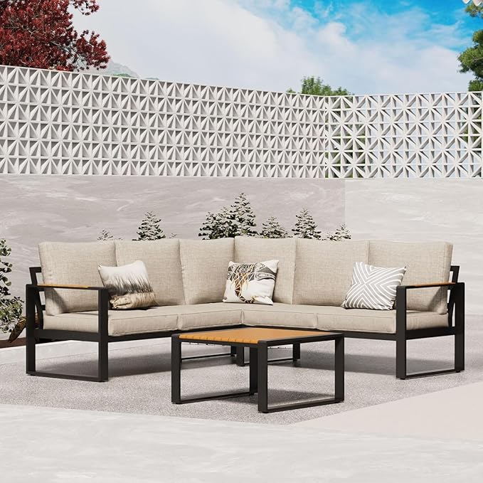 Aluminum Patio Furniture Set, All-Weather Outdoor Couch Sectional, L Shaped Patio Conversation Sets, Metal Corner Sofa with Teak Coffee Table(Cushion: Beige., Black Frame)