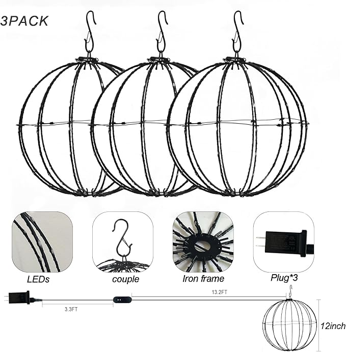 3 Pack 12” Outdoor/Indoor LED Christmas Light Balls, Smart Hanging Tree Decor Sphere Lights, Dimmer Color Changing, App & Remote Control, Timer, Waterproof, Holiday, Patio, Wedding Decor