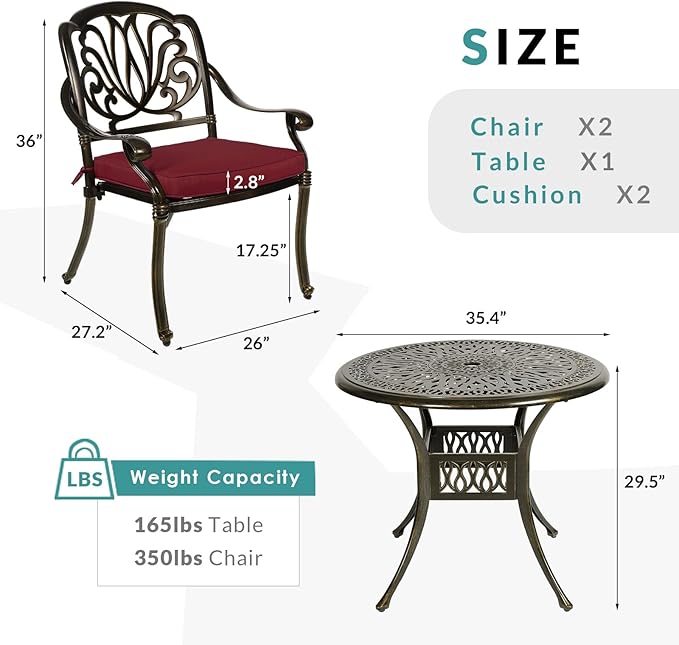 MEETWARM 3 Piece Patio Bistro Set, Outdoor All-Weather Cast Aluminum Dining Furniture Set Includes 2 Cushioned Chairs and a 35.4” Round Table with Umbrella Hole for Garden Deck, Chili Red