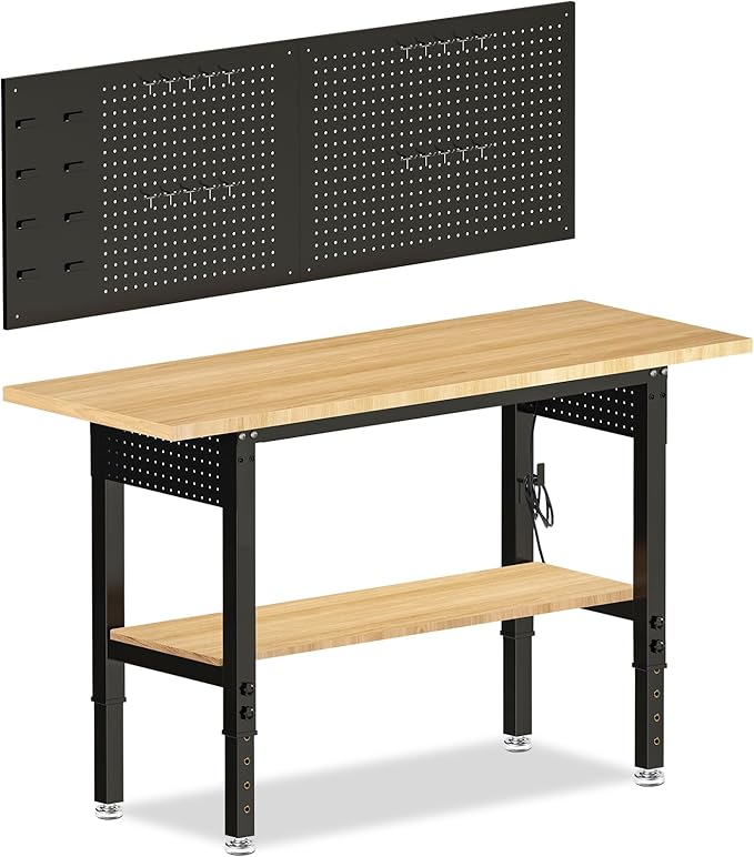 Adjustable Height Work Bench 60×22 Workbench for Garage with Under Table Shelf Heavy Duty Rubber Wood Work Table for Shop Woodworking, Office, Home, Commercial