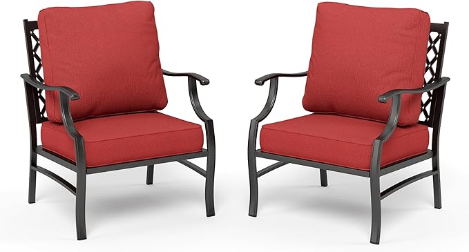 HERA'S HOUSE Outdoor Chairs Set of 2, 2 x Patio Chair with Red Cushions, All Weather Outdoor Furniture for Lawn Garden Backyard Deck(Leg Chairs)