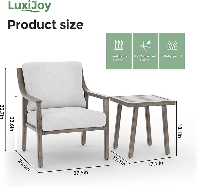 3-Piece Patio Conversation Bistro Sets, Outdoor Aluminum Bistro Sets with Thick Cushion, Modern Side Table and Chairs Set of 2, Rustproof and Waterproof for Porch Deck Garden, Grey