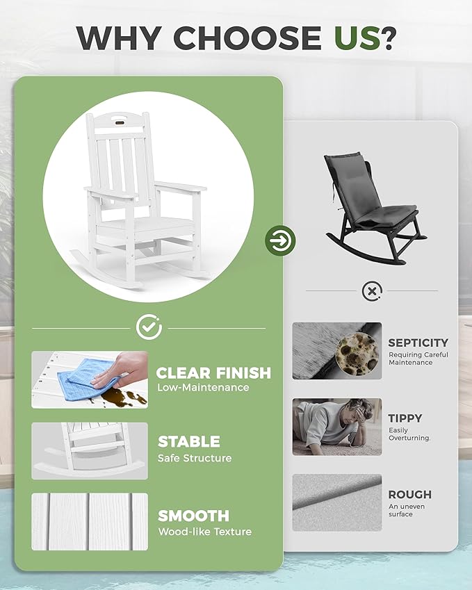 Oversized Outdoor Rocking Chair Set of 2, High Back Porch Rocker Chair, HDPE All Weather Resistant Rocking Chairs for Patio, 380lbs Weight Capacity, White