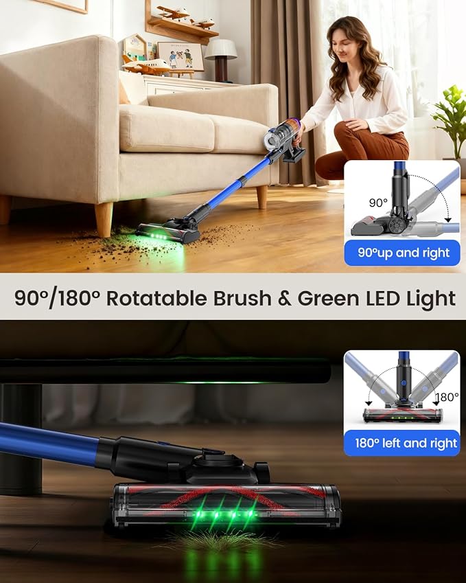Cordless Vacuum Cleaners for Home, 500W 40Kpa Suction Lightweight Vacuum, 60-Min Runtime LED Display, 3 HEPA Filters & Brushes, 180° Lay-Flat, Anti-Tangle Brush, Wall-Mount Rechargeable,Blue