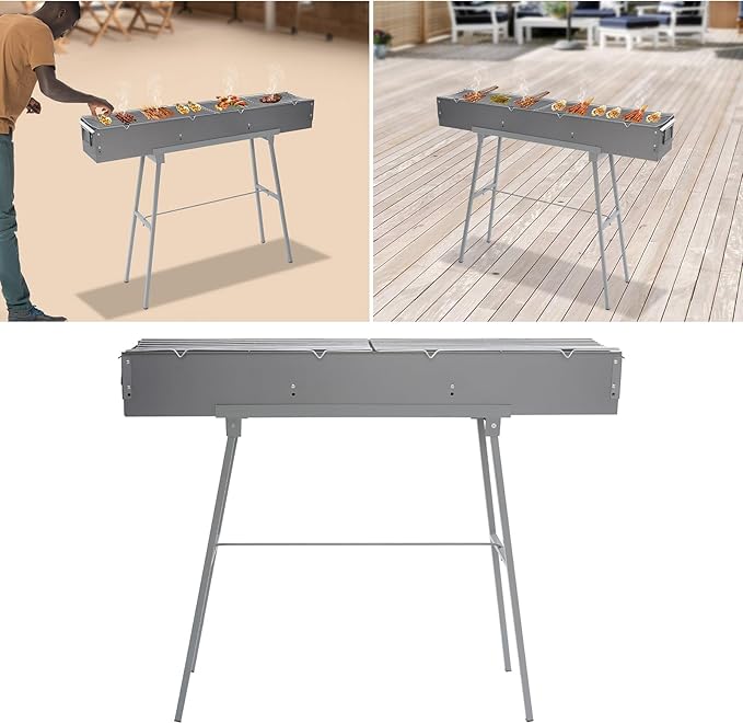 Portable Charcoal Grill Foldable, 39.3" Large Yakitori BBQ Grill, Zinc-Iron Alloy Camping Grill with 2 Straight Meshes & Stand, for Outdoor Picnic Travel Beach Party, 88 lbs Load-Bearing