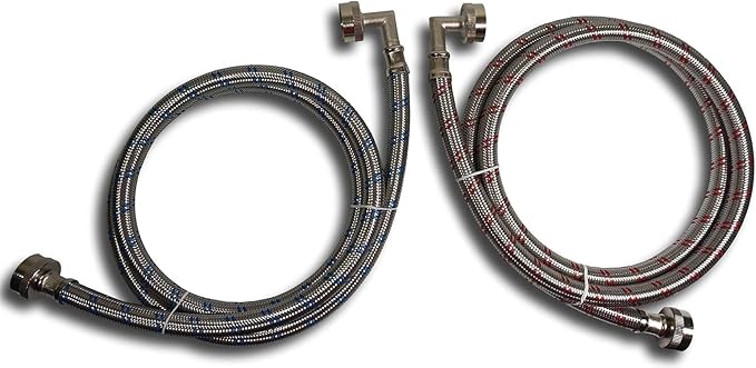 Premium Stainless Steel Washing Machine Hoses with 90 Degree Elbow, 12 Ft Burst Proof (2 Pack) Red and Blue Striped Water Connection Inlet Supply Lines