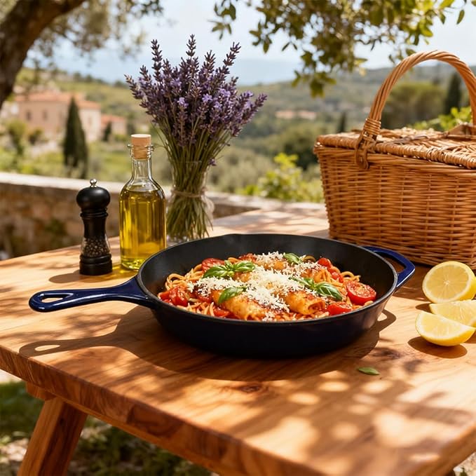 Commercial Grade, Cast Iron Enameled Cookware (Blue, Skillet 12”)