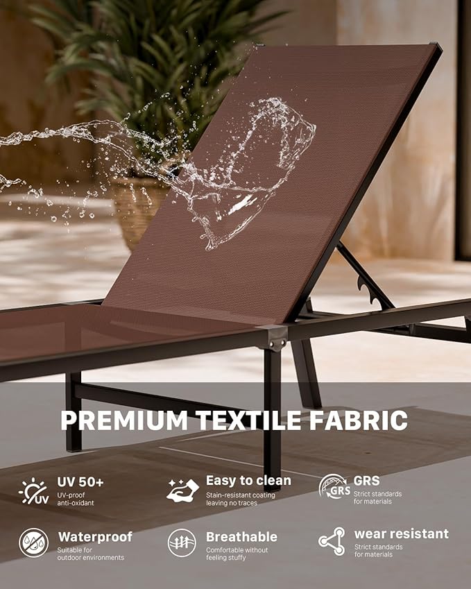 Aluminum Patio Chaise Lounge Chair Set of 2 with Side Table,5-Position Adjustable Backrest,Foldable Lounge Chair Outdoor,Pool Lounge Chairs for Poolside,Lawn,Deck,Beach (Brown, 2 Pack+Table)