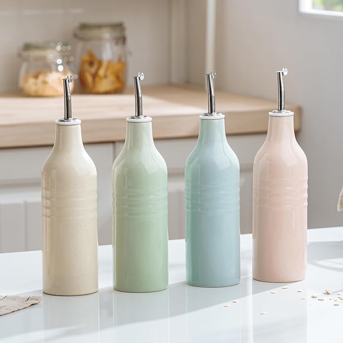 famiware Jupiter 16oz Ceramic Olive Oil Dispenser Bottle, 1 Piece Oil Dispenser for Kitchen with Stainless Steel Pourers, Suitable for Storage Vinegar, Soy Sauce, Coffee Syrup, Light Green