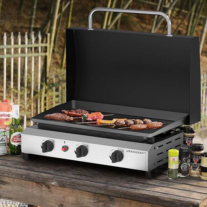 SKOK 3 Burner Gas Griddle with Hood- 23.3 Inch Outdoor Propane Griddle-45000 BTU Propane Fuelled, Portable Flat Top Gas Grill Camping Griddle with Lid