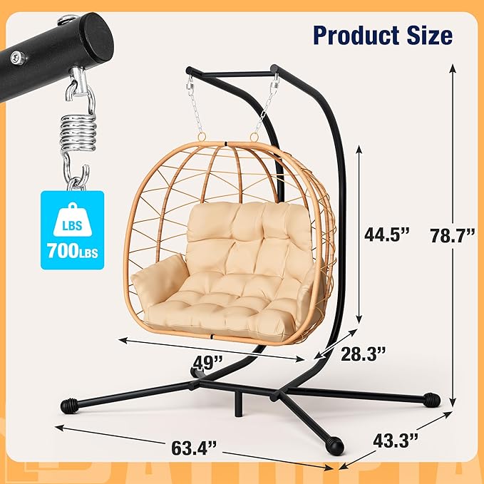 Pamapic 700 LBS Double Egg Chair Outdoor, UV Resistant Cushions Hanging Egg Chair with Armrests & Headrest, Thick Steel Frame Egg Swing Chair with Stand, for Relaxing & Reading Outside/Inside(Beige)