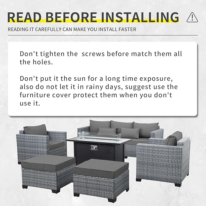 6 Pieces Wicker Patio Furniture Sets Outdoor Conversation Set PE Rattan Sectional Sofa Couch with 45" Fire Pit Table and Grey Cushions