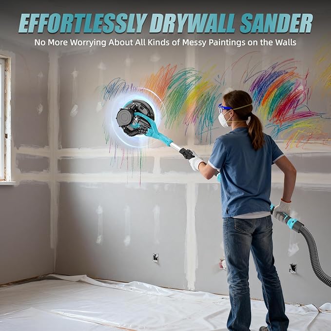 Drywall Sander, 1000W Popcorn Ceiling Removal Tool, Electric Drywall Sander with Vacuum Dust Collection, 30Pcs Sanding Discs, 6 Variable Speed 800-2200RPM, LED Light, Foldable & Extendable Handle