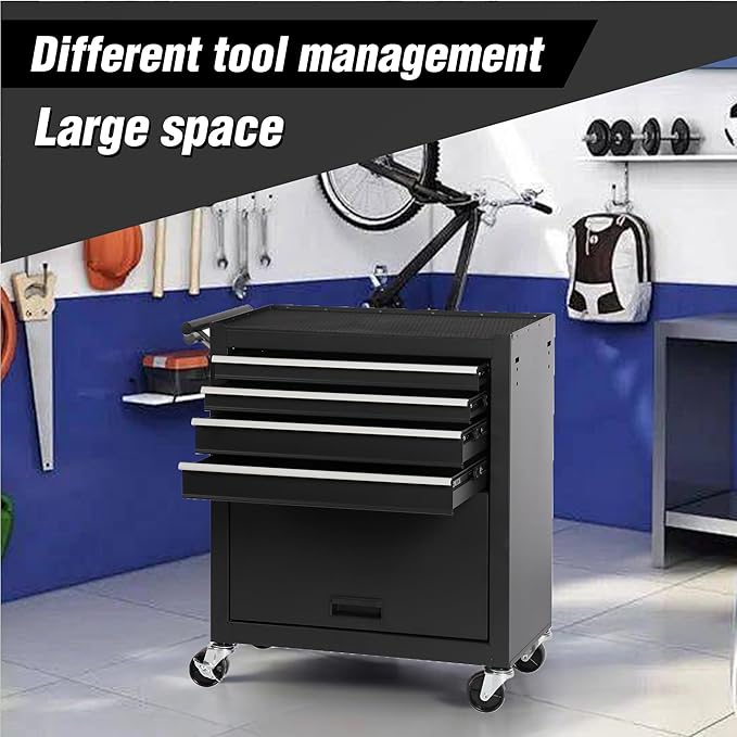4 Drawers Tool Cart on Wheels, Multifunctional Rolling Storage Tool Chest, Drawers Rolling Toolboxes Organizer Tool Case for Garage,Warehouse,Workshop,Repair Shop (4 Drawers 1 Cabinet - Black)