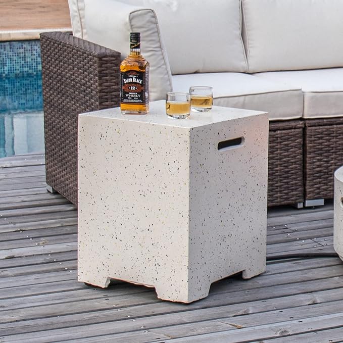 COSIEST Outdoor Hideaway Tank Table for Gas Fire Pits, Hides Standard 20lb 16-inch Propane Tank Cover w Side Handles (Terrazzo)