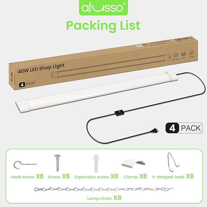 ALUSSO® 5CCT LED Shop Lights for Workshop 4FT, 4800LM Super Bright, 20W 30W 40W 2700K 3000K 4000K 5000K 6500K Selectable, Linkable Linear Work Light for Garage Basement, ETL, 4 Pack