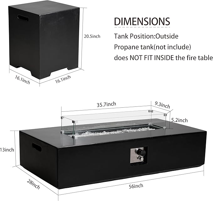 56 Inch Propane Fire Pit Table, Outdoor Rectangle Fire Table w Tank Table (50,000 BTU), 3 Piece Gas Fire Pit in Black w Glass Wind Guard and White Fire Glass for Deck, Garden, Backyard