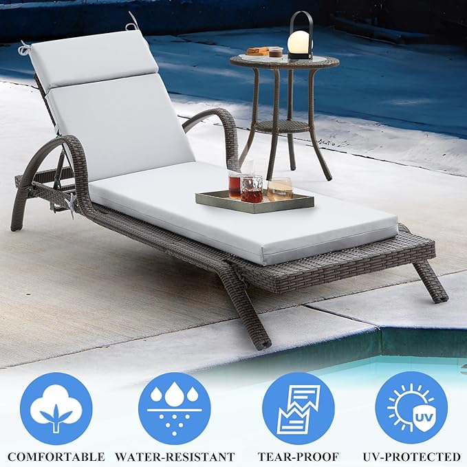 FILUXE Chaise Lounge Cushions Outdoor Furniture, High-Density Foam Chair Cushion with Ties, Weather & Fade Resistant - Patio Recliner Chairs Cushions for Lawn, Pool & Beach 80x26x3 Inch, Grey