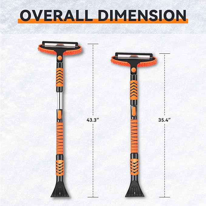 Auto Dynasty 43" Extendable Snow Brush with Ice Scraper, 3-in-1 Snow Broom with Pivoting Head and Handle Grip for Car Windshield, Vehicle Snow Removal Tool for Car, Truck, SUV