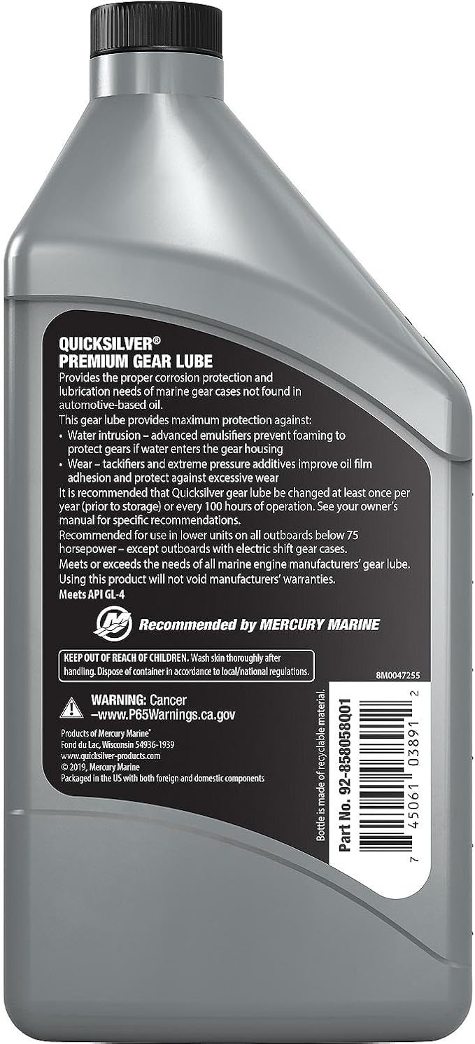 Quicksilver by Mercury Marine 80W-90 Premium Gear Lube, Marine Engine, 32 oz.