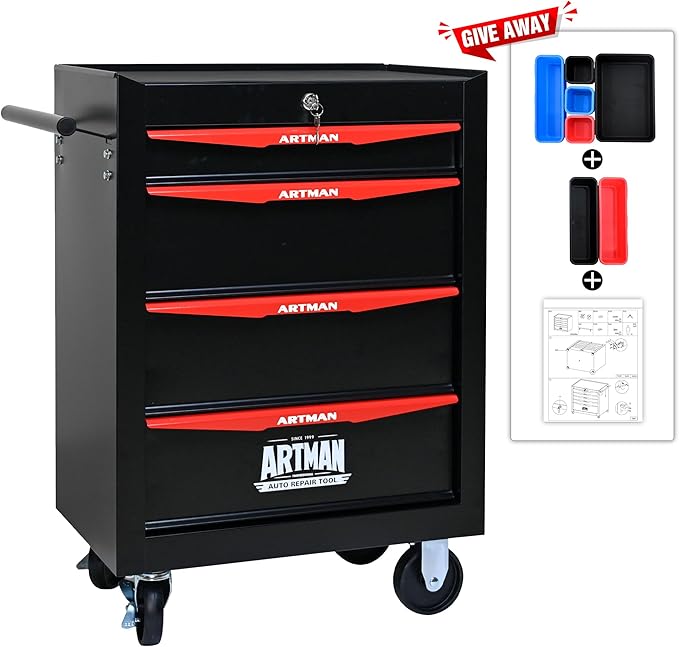 4 Drawers Tool Cart on Wheels, Multifunctional Rolling Tool Storage Chest, Drawers Rolling Trolley Organizer Tool Box for Warehouse, Garage, Workshop, Repair Shop (4 Drawers-30.5" H)