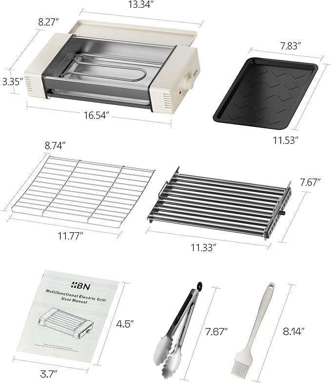 HBN 3-in-1 Hot Dog Roller Grill Machine with Nonstick Plate & Grill Rack, 800W Compact Indoor Electric Sausage Griller for Kitchen, Home, Small Space Use (Beige)