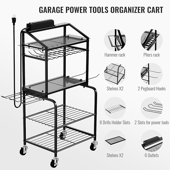 Power Tool Organizer Cart with Charging Station, Garage Floor Standing Rolling Drill and Tools Battery Storage Cart on Wheels, Rolling Tool Cart with 6 Outlet Power Strip