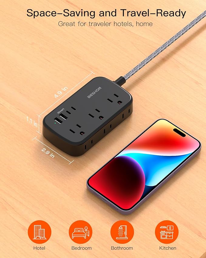 Extension Cord 25 Ft, BESHON Flat Plug Power Strip with 6 Outlets with 4 USB Ports(2 USB C), No Surge Protector for Home Office College Dorm Room Travel Essentials, Black